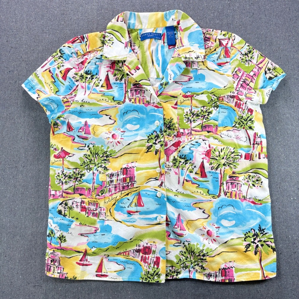 Karen Scott Sport Shirt Womens Petite PL Multicolor Tropical Island Cotton Top